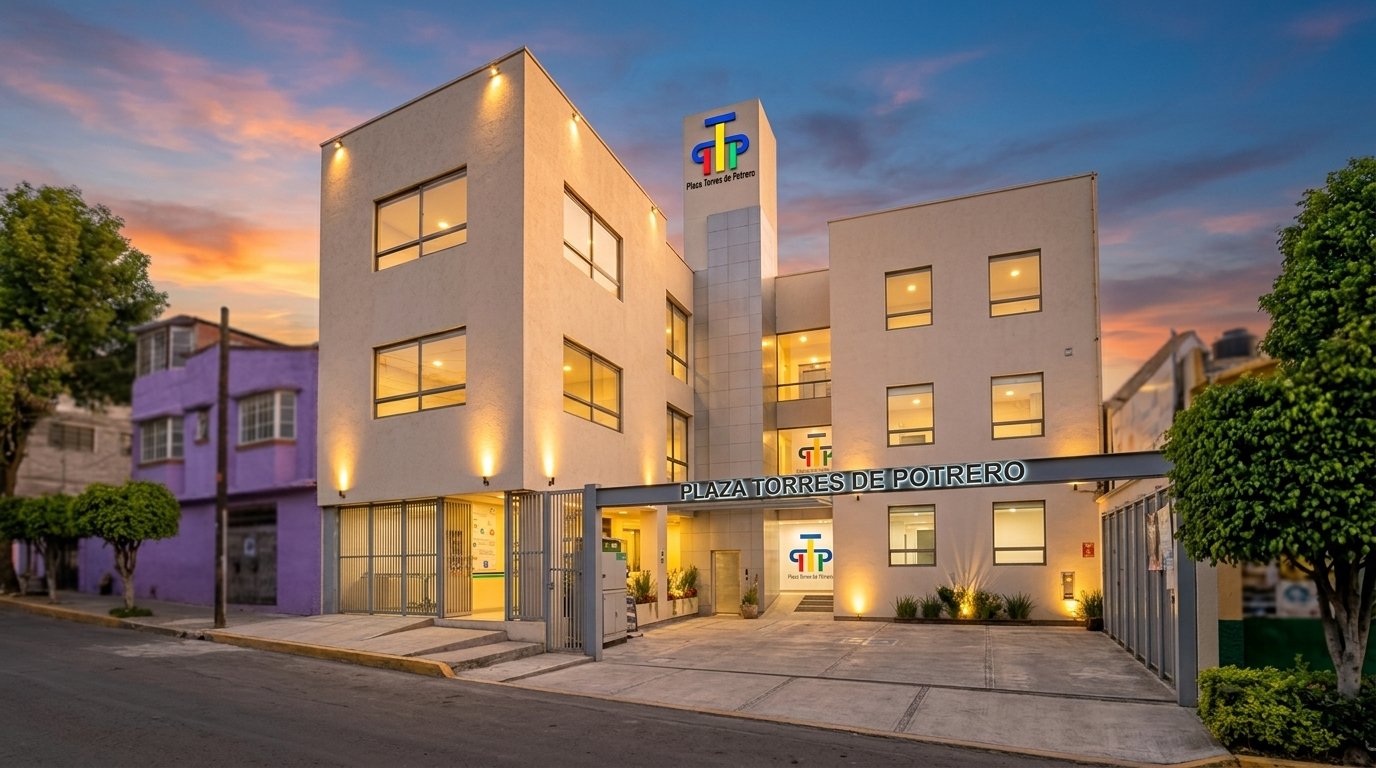 Fachada de Plaza Torres de Potrero al atardecer